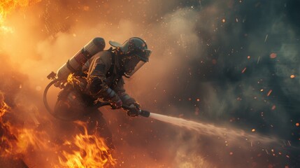 Skilled brave firefighter wearing safety gear and holding water hose to extinguish fire or prepare to put out fire. Portrait of energetic fireman wearing protective cloth and survive in fire. AIG42.