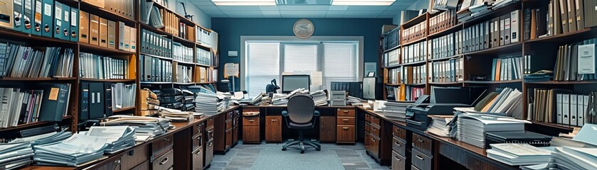 An interior shot of a small accounting office with 12 desks, each desk buried under heaps of documents, no people visible