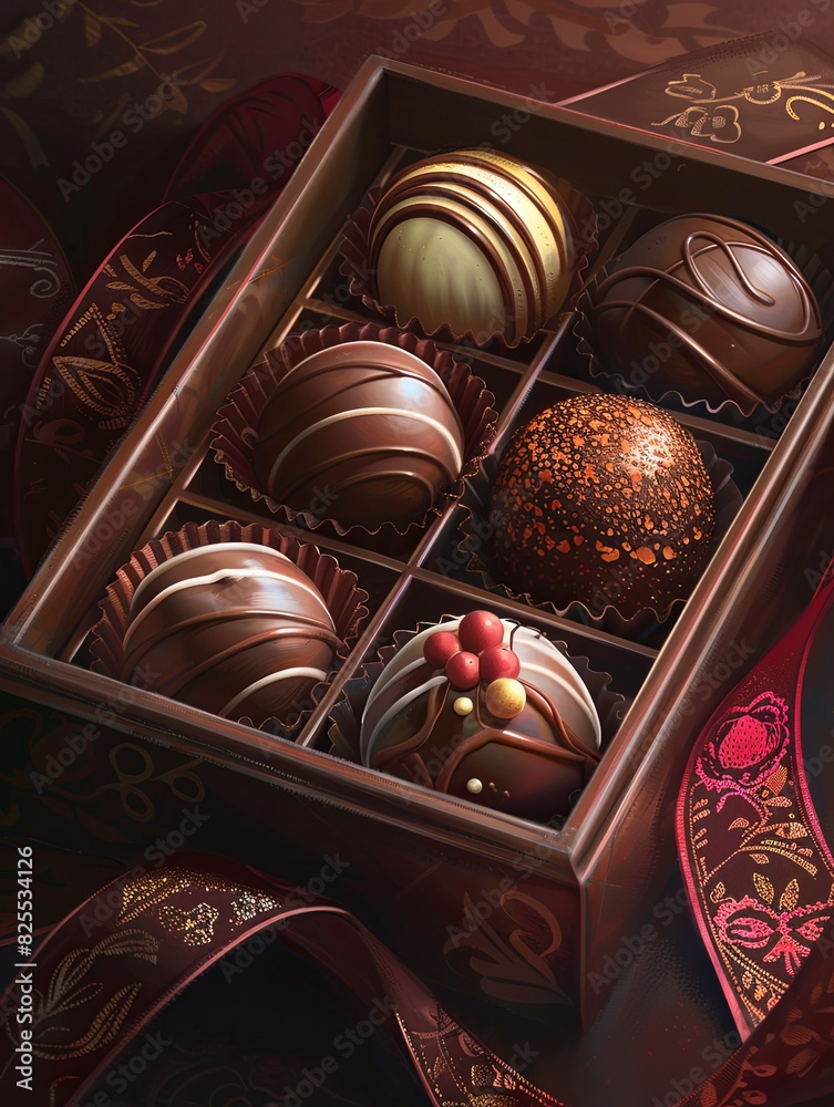 Poster a luxurious box of chocolate truffles, embellished with ribbons, placed on a table. generative ai