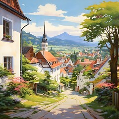 Bavarian town panorama in acrylics, generative AI