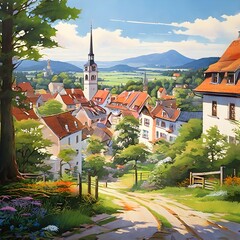 Bavarian town panorama in acrylics, generative AI