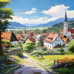 Bavarian town panorama in acrylics, generative AI