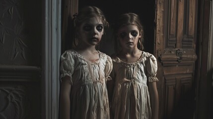 Naklejka premium Two evil little twin girls looking at camera, paranormal events, glitchy screen. Ghost activity, horror scene, tv distortion effect