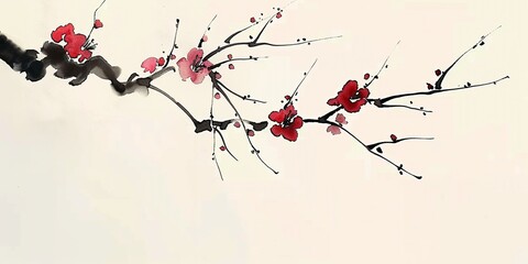 Minimal Chinese watercolor style illustration of blossom branch with plum flowers isolated on beige background, old vintage hand drawing with copy space, for spring floral background, greeting cards.