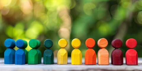 A row of colorful wooden people of various bright colors.