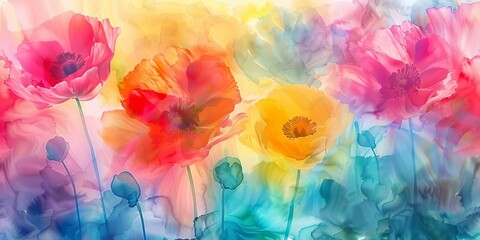 Abstract watercolor painting. Colorful floral background. Delicate poppy flowers.