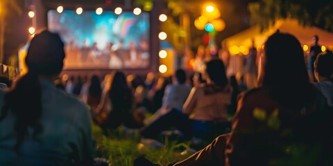 Audience watching open air cinema at night