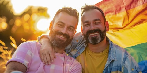 Bearded gay couple smiling and embracing behind a rainbow flag in a field during the sunset
