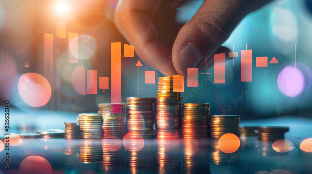 Poster hand stacking coins with glowing inflation graph backdrop symbolizing economic trends