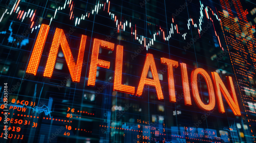 Poster Dynamic stock market data background with bold 3d letters spelling out inflation