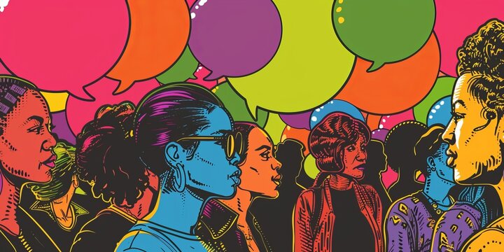 Diverse group of people having a conversation, with colorful balloons representing their thoughts and ideas.