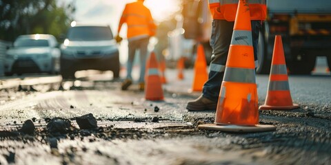 Road construction. Orange traffic cones on asphalt road with blurred cars and workers in the background.
