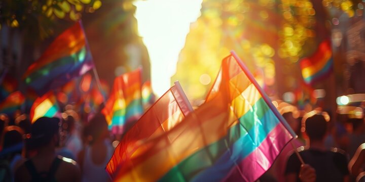 The crowd at the gay pride parade waved rainbow flags.