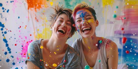 Obraz premium Two young women covered in colorful paint are laughing and having fun in a paint-splattered room.