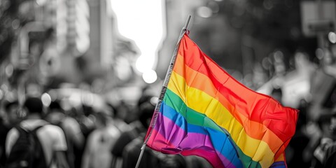 Waving the rainbow flag at a gay pride parade.