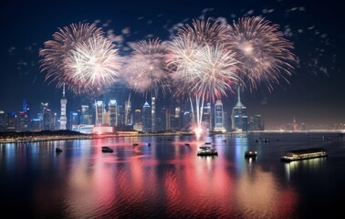 View of the city at night with fireworks