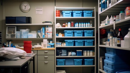 A photo of an organized medical office supply room.
