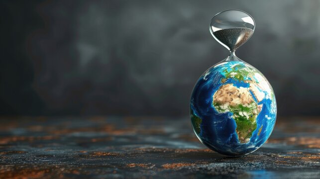 Earth within an hourglass depicts the urgency of reducing our carbon footprint for a sustainable future. Carbon footprint reduction