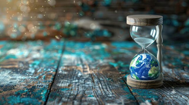 Urgent message of carbon footprint reduction illustrated by Earth inside an hourglass. Carbon footprint reduction