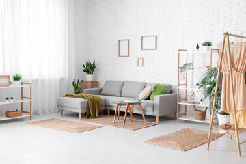 Interior of modern living room with comfortable sofa, houseplant, coffee table and shelving unit