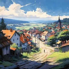 Polish village panorama in acrylics, generative AI