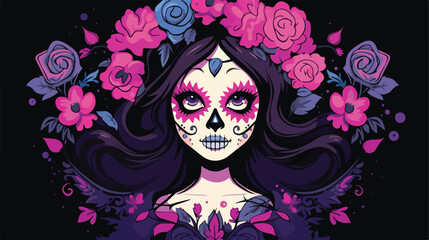 Colorful purple Mexican female skull with hand draw