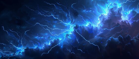 Lightning bolt, close up, night sky, sharp detail, dramatic lighting. Vivid blue electrical storm in a digital cloud for an energy concept.