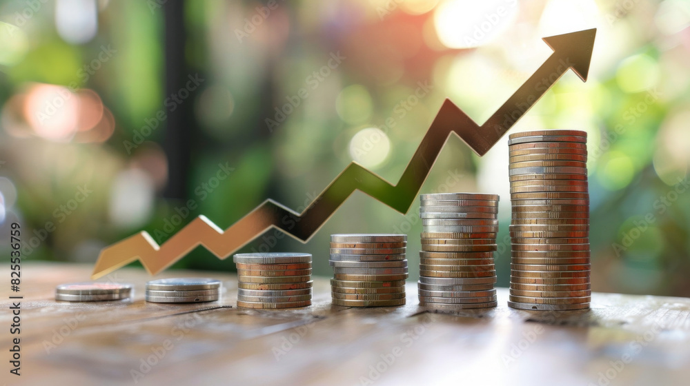 Poster Ascending coin stacks with an upward arrow depict the concept of inflation against a blurred background