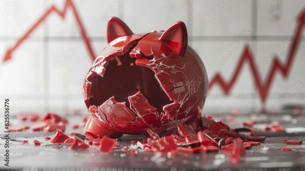 Poster broken red piggy bank represents financial setback during inflation, shown with a chart in the backg