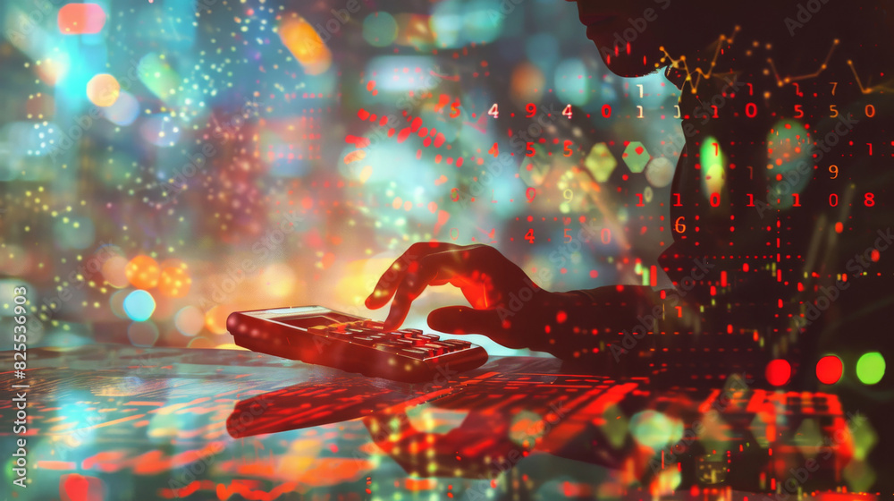 Poster Person using calculator with digital finance graphics overlay creating silhouette