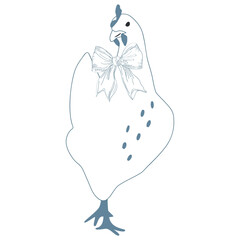 Retro chicken with ribbon bow. Outline isolated vector illustration in vintage style. Farming drawing