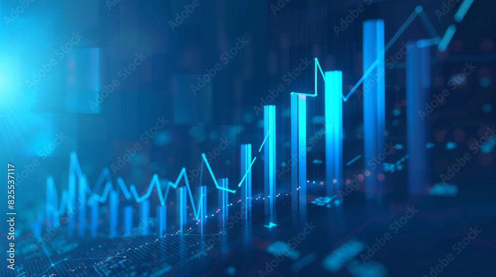 Poster digital illustration of ascending financial graphs symbolizing inflation on a dark, tech-infused bac