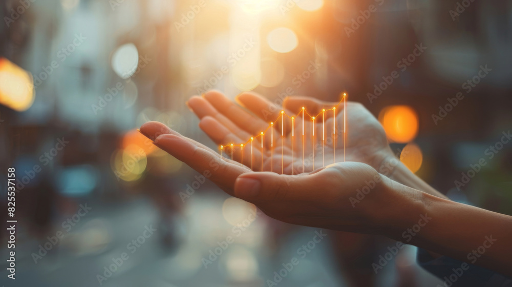 Poster open hands present a glowing upward financial graph symbolizing inflation in an urban setting
