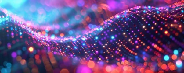 A high-resolution image of a colorful wave of glowing particles that creates a dynamic and futuristic abstract background