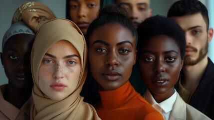 Different races people, multicultural group of young modern people, mixed group of multicultural people look camera,