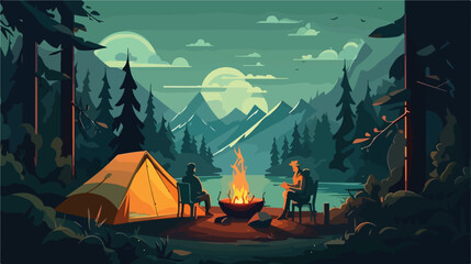 Couple in forest camp with tent and fire. Man and w