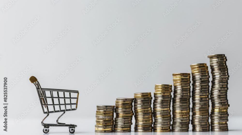 Poster visual metaphor for inflation featuring coin stacks and a miniature shopping cart