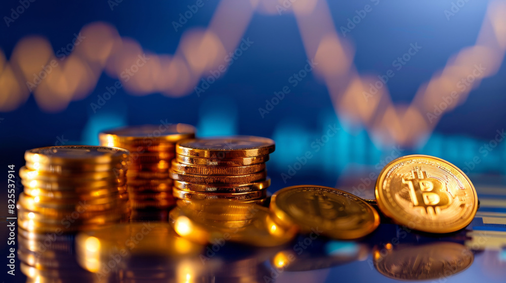 Poster Stacked coins against a backdrop of financial growth charts signify inflation with a bitcoin in focus