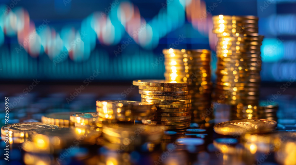 Poster Stacks of coins increasing in size against a blurred graph background, symbolizing inflation