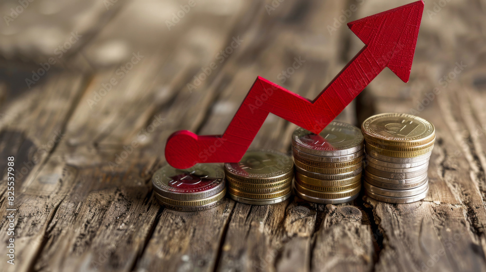 Poster illustration of rising inflation using piles of coins and a red upward arrow