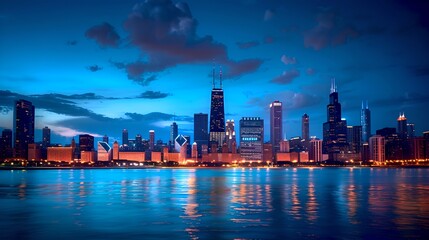 Naklejka premium Chicago city skyline at dusk with vibrant blue sky. Stunning architectural view and calm water reflection. Perfect for travel and cityscape photos. AI