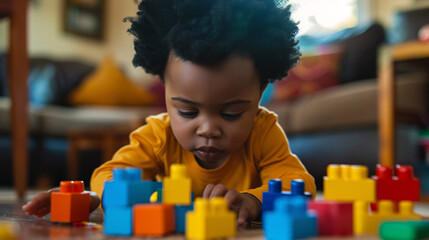 Toddler engaged in colorful block play