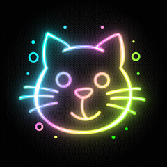 Neon editable shining rainbow funny cartoon meme cat smiling on black textured background