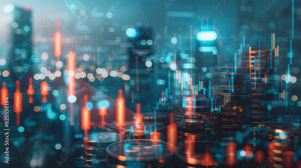 Aufkleber Abstract financial backdrop showing coin stacks against a blur of rising and falling graph lines symbolizing inflation