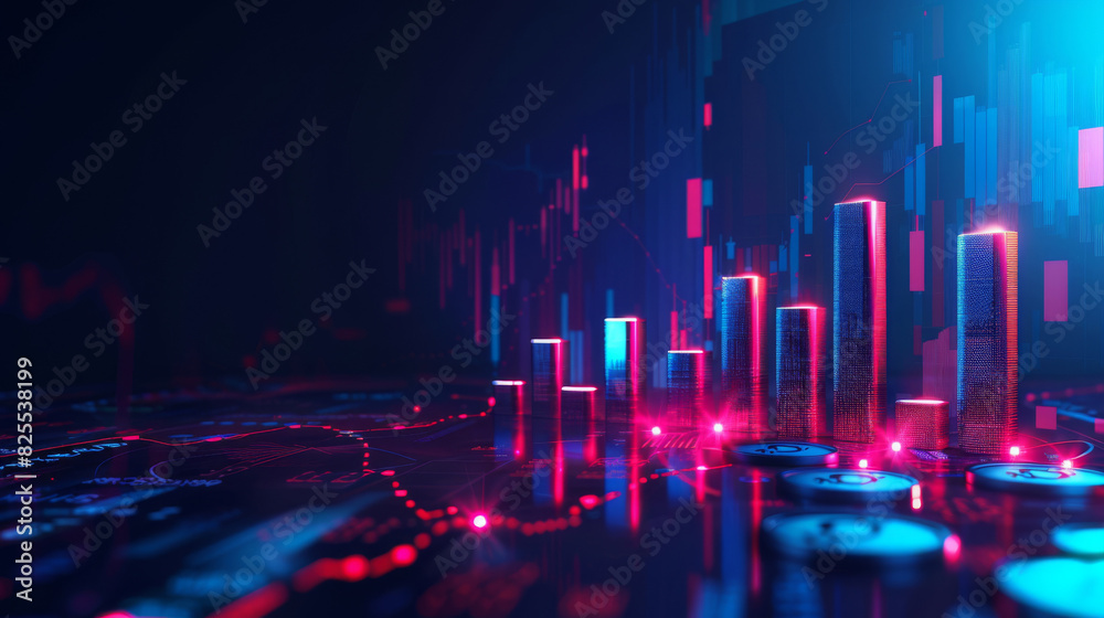 Aufkleber abstract image of coins stacked like a graph against a backdrop of digital financial data, symbolizi
