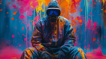 Person in a hazmat suit sitting against a vibrant, colorful spray paint background, blending safety with artistic expression.