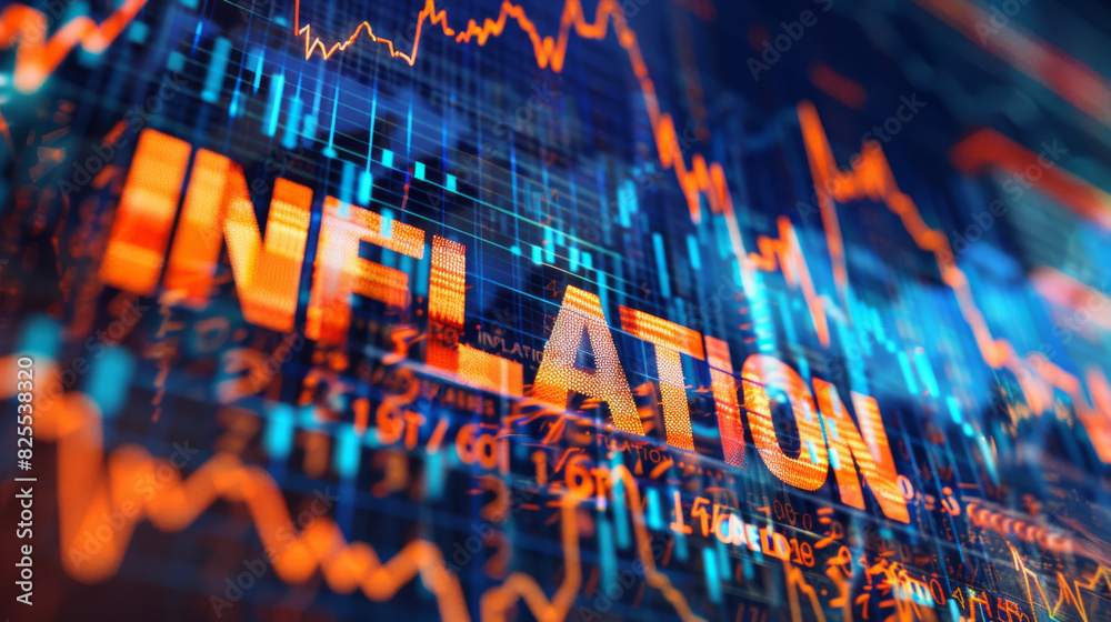 Poster digital composite image showing the word 'inflation' with rising financial graphs