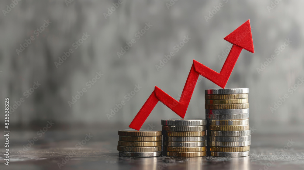 Poster stacked coins with a red arrow pointing upwards, symbolizing increasing inflation