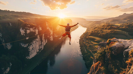 Exhilarating zip line adventure at sunset - Powered by Adobe