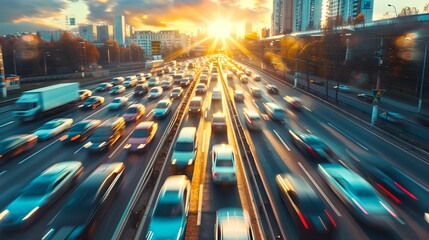 Busy City Traffic on a Highway During Golden Hour. Dynamic Urban Life. Fast-Moving Cars Captured with Blur. Sunset Skyline in the Background. AI